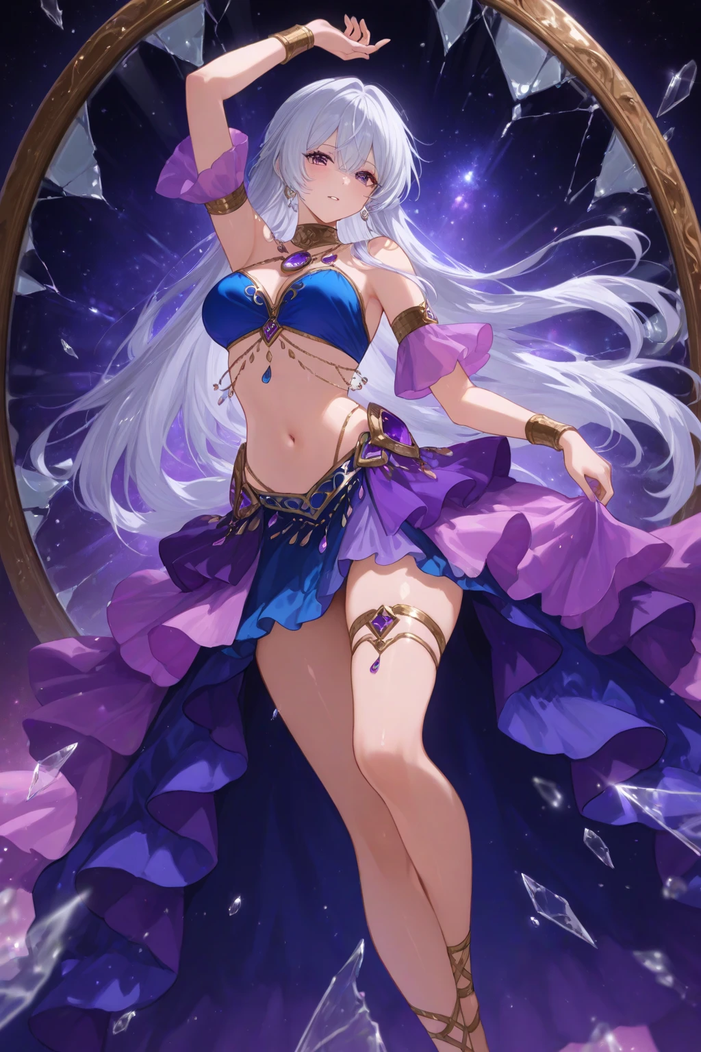 beautiful woman, gaudy and beautiful, shining eyes, make-up, charming and seductive look, fascinating belly dance costumes, face veils, accessories, great proportion, 2.5D, delicate and dynamic, everything is of the highest quality, glitter effects, fog effects,