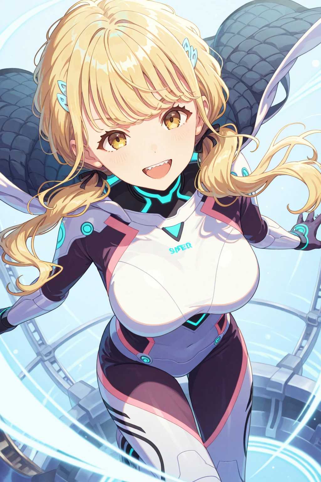 young woman, 21 years old, thick thighs, curvy body shapes, Science fiction, yellow hair, sexy costume, smile, fun