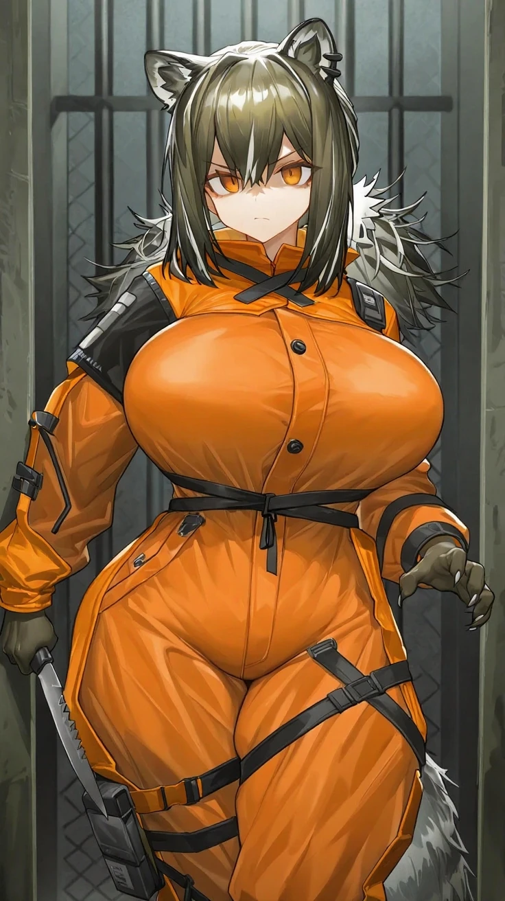 Huge breast, prisoner, prison girl, jailed, prisoned, orange jumpsuit, Handcuffed, Restrained, shackle, domina, jail cell, lock