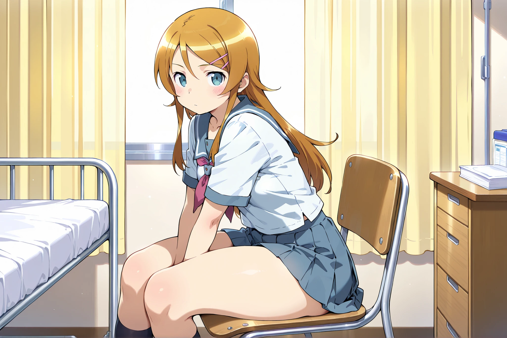 1girl,kousaka kirino, serafuku, blue pleated skirt,short sleeves, red neckerchief,black socks,expressionless,thick thighs,infirmary,sitting on chair,looking at viewer