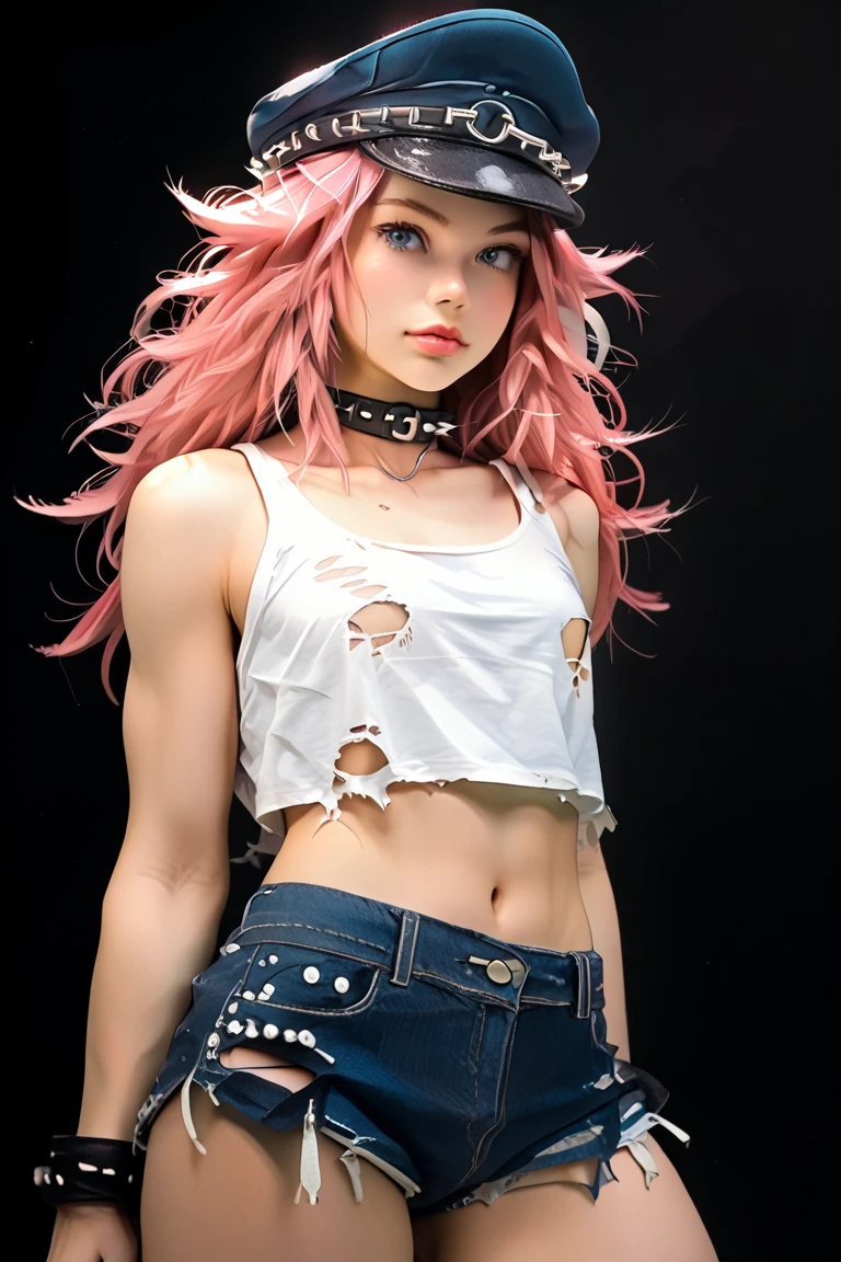 1girl, bangs, bare shoulders, belt, black background, black jacket, black ribbon, black shorts, black thighhighs, breasts, cleavage, clothing cutout, cowboy shot, crop top, cropped jacket, cutoffs, detached sleeves, earrings, green eyes, hair ornament, hair ribbon, hairclip, hand on hip, holding, jacket, large breasts, long hair, long sleeves, looking at viewer, micro shorts, midriff, mole, mole on breast, mole on thigh, mole under eye, nail polish, navel, open clothes, open jacket, pink hair, ribbon, short shorts, shorts, shoulder cutout, single thighhigh, smile, solo, standing, stomach, strapless, thigh strap, thighhighs, thighs, tube top, two side up, very long hair, yellow eyes