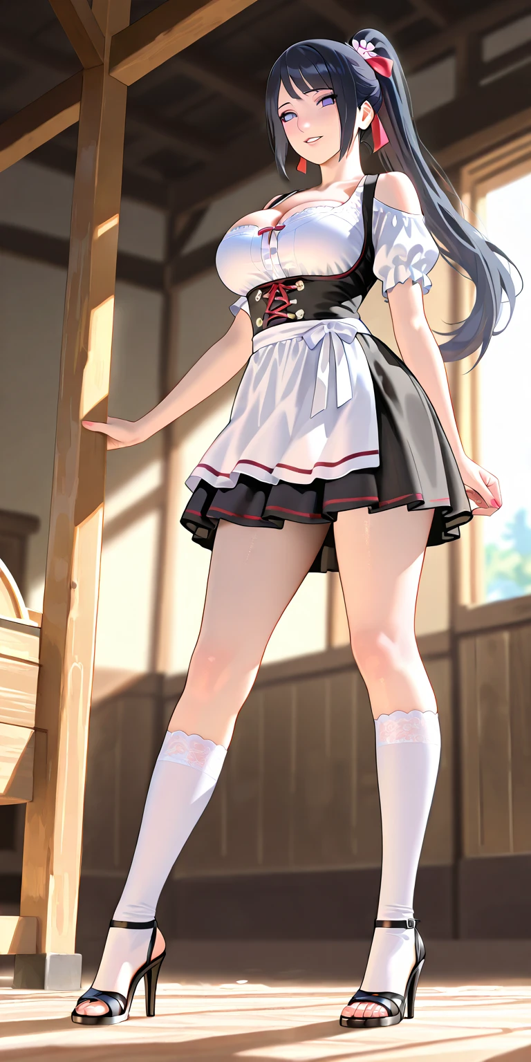 Masterpiece、Highest quality、Highest quality, (long and thin legs, shoes:1.2), Arm behind wrist, squat、Spread your legs、1 girl, (smile、Open your mouth大笑い:1.2), Cute eyes, (Detailed face:1.3)、Open your mouth, The whole face turns red, alone, Big and ample breasts, Oversized breasts, (Straight bangs, Twin tails), White maid outfit、Side bust、Underbust、belly button、Walking through the mansion&#39;corridor、nsfw