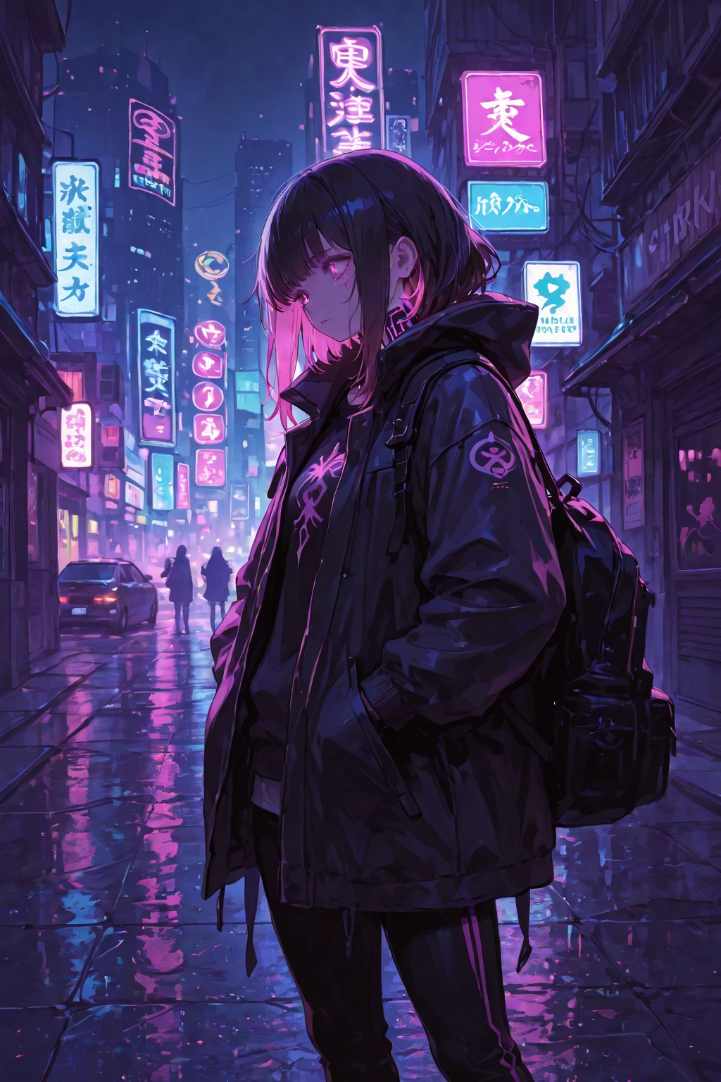 masterpiece, girl alone, solo, incredibly absurd, hoodie, headphones, street, outdoor, rain, neon,