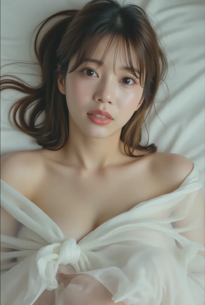 product quality, 1girl, full body shot, composition looking subject up from below, a Japanese young pretty woman, hyper pretty face, long bob hair, closing eyes, sleeping on a silk bed, opening mouth widely, wrapping her body with shiny satin light pink sheets directly in naked, wet body, glossy lips, glamorous figure, lying on her back with spreading legs on the silk bed, silk pillow, silk bed sheets, double eyelids in both eyes, natural makeup, long eyelashes, shiny smooth light brown hair of long bob, asymmetrical bangs, tanned skin, central image, high resolution, high detail, detailed hairstyle, detailed face, spectacular cinematic lighting, octane rendering, vibrant, hyper realistic, perfect limbs, perfect anatomy