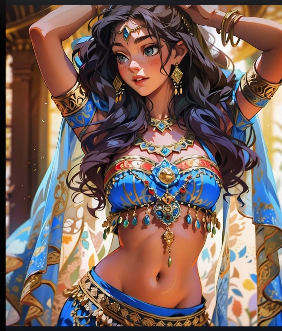 1girl, Dancer, Ultra-detailed Young belly dancer in Arab palace accurate anatomy by Daniel F. Gerhartz, H.R. Giger, Gustave Doré, Tom Bagshaw, Junji Ito, graffiti art, splash art, street art, spray paint, oil gouache melting, acrylic, high contrast, colorful polychromatic, ultra detailed, ultra quality, CGSociety, masterpiece, best quality, very aesthetic, absurdres