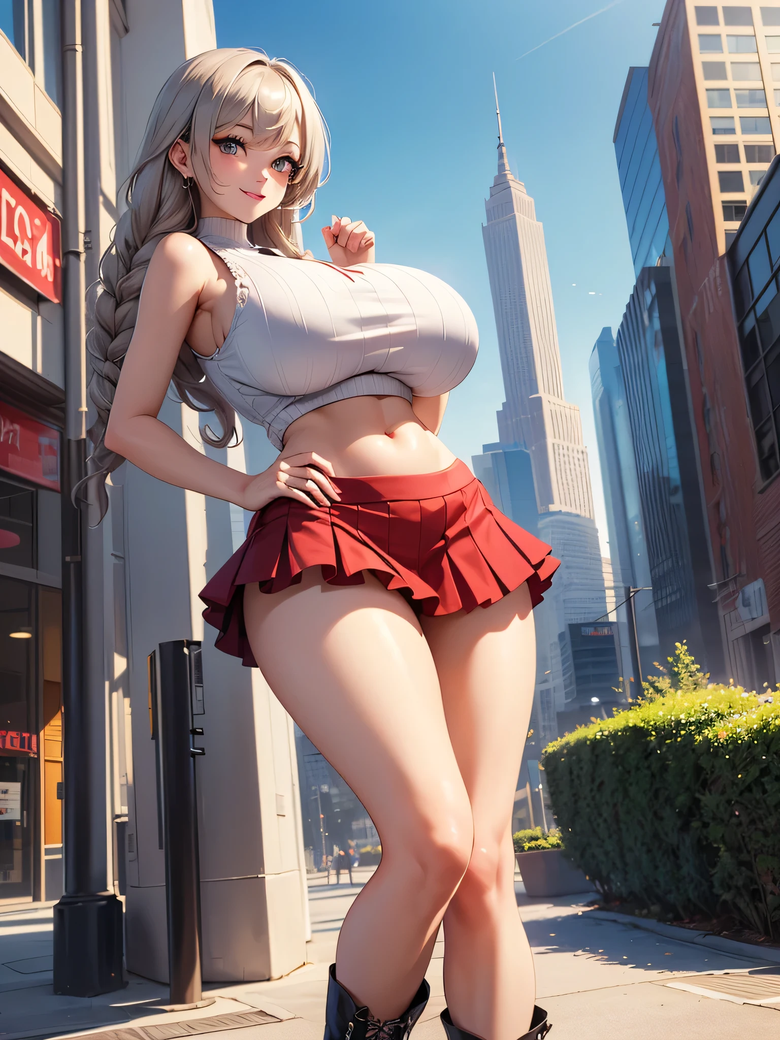 (best quality,4K,8k,high resolution,masterpiece:1.2),super detailed,(actual,realistically,realistically:1.37), pigtails, x ornament, white hair, freckles on nose, (red eyes), long hairUltra high definition face, Nice butt and long legs, wearing tight simple clothes, tights, Gray top, round thighs, pretty face,arms and legs, large breasts, large , huge breast, hourglass figure, Thin waist and thick hips, Pelvis larger than shoulder blades, wide pelvis, fitness model, rosy cheeks, slim body, naughty smile,Purple sheer t-shirt、Denim shorts、Bare legged、Face Real、Face smile、Autumn foliage、Versatile sexy poses