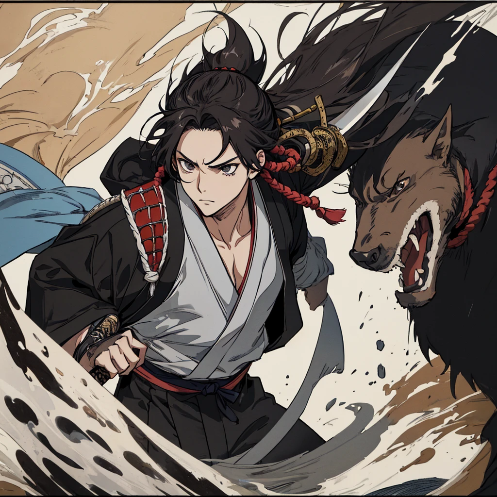 best quality (katana: 1.4), serious,(at night: 1.4), a single 16-year-old has long black hair that is loose to the winds, and poured down his body, smooth and shiny, which fall gently to his back. Her hair is thick and has a healthy appearance, contrasting with her fair skin. The young man's eyes are deep and emerald green, intense as two light pearls. They reflect calm and an inquisitive curiosity. With his upright posture, the young man shows a confident bearing and a cheerful and hyperactive aura. He wears a white kimono with blue-green details with patterned gray clouds, with a large yellow ribbon at his waist, sleeveless, made of a quality fabric. giving him the look of a swordsman. He has an animal, a monkey on his shoulder. At his waist, he carries a white katana with gray details on the blade. The long, sharp blade is made of polished steel, reflecting light. The katana grip is wrapped in black leather, offering a firm and secure grip. The scabbard of the sword adorned with demonic symbols. Kimetsu no Yaiba style, alone, 1boy, muscular man, demon slayer style, loose hair, quiet look, smiling, tall, confident, only 1, spilled hair, loose and big hair, small monkey on his shoulder, demon slayer artstyle