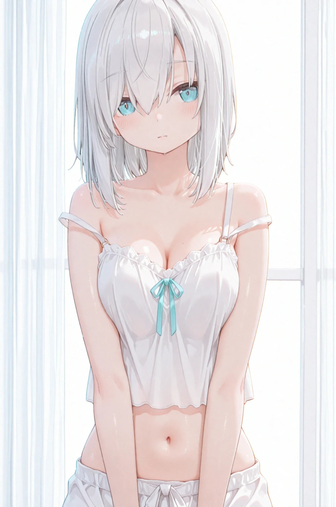 ((Highest quality)), ((masterpiece)), (detailed), A large amount:1.2),extremely detailed cute anime face, (((Flat Chest))), (Flat Chest:1.1),((((Short Bob Hair)))),Complex eyes,beautiful detailed eyes,Symmetrical eyes,(((detailed face))),beautiful detailed lips, If you look at this, (((Embarrassing))),(emotional expression),(My heart is pounding with anticipation.), A translucent white dress reveals her skin、String panties，one hand in pants，Filling condoms，Have a used condom