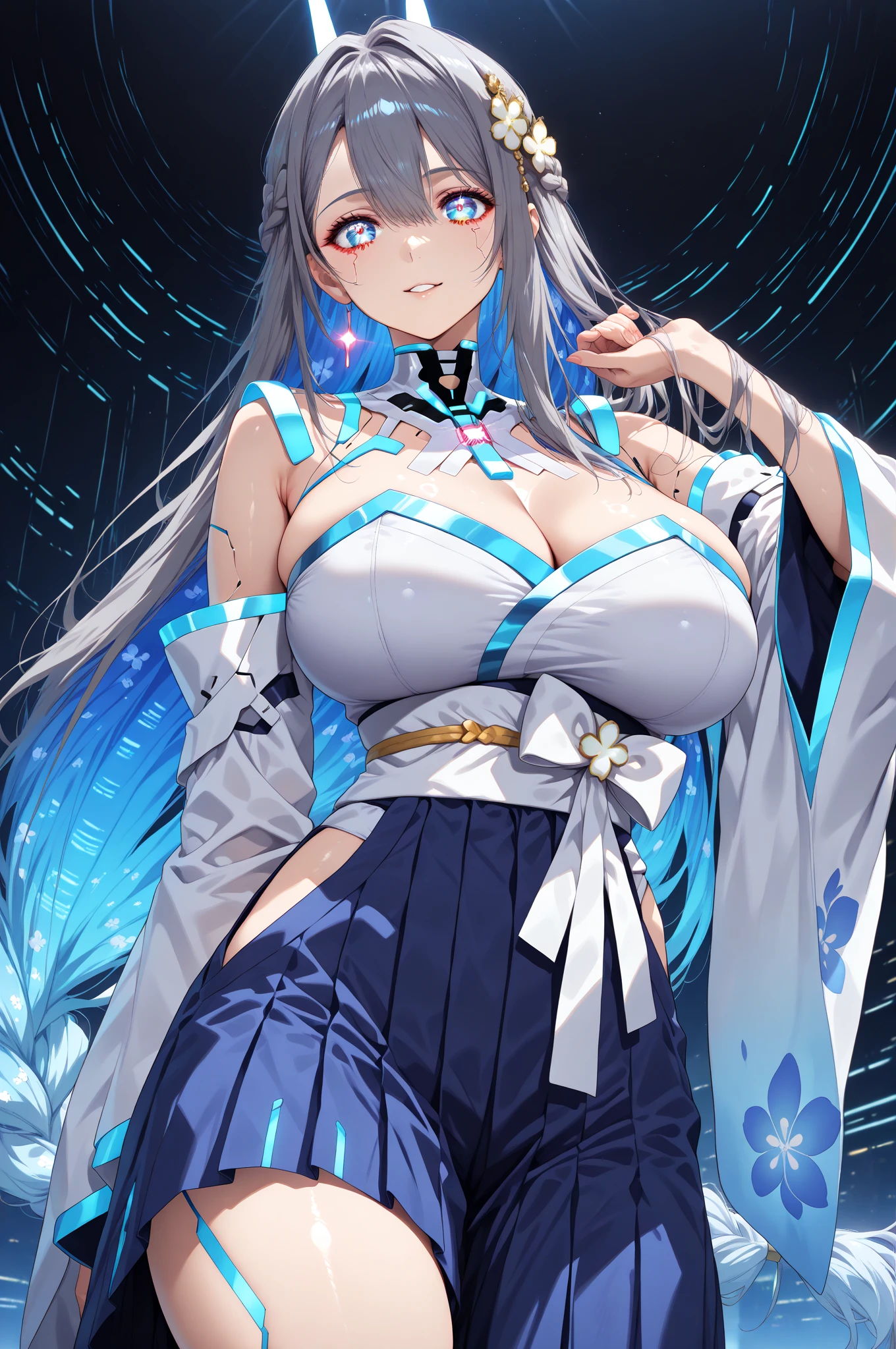 Silver long hair、Deep blue eyes、woman、美しいwoman、Large Breasts、Blue and white Chinese dress、A Chinese dress with a black translucent cloth in the cleavage、Outdoor、During sexual intercourse、orgasm、Shrine maiden costume with hidden curves(100-60-78cm)、he is short