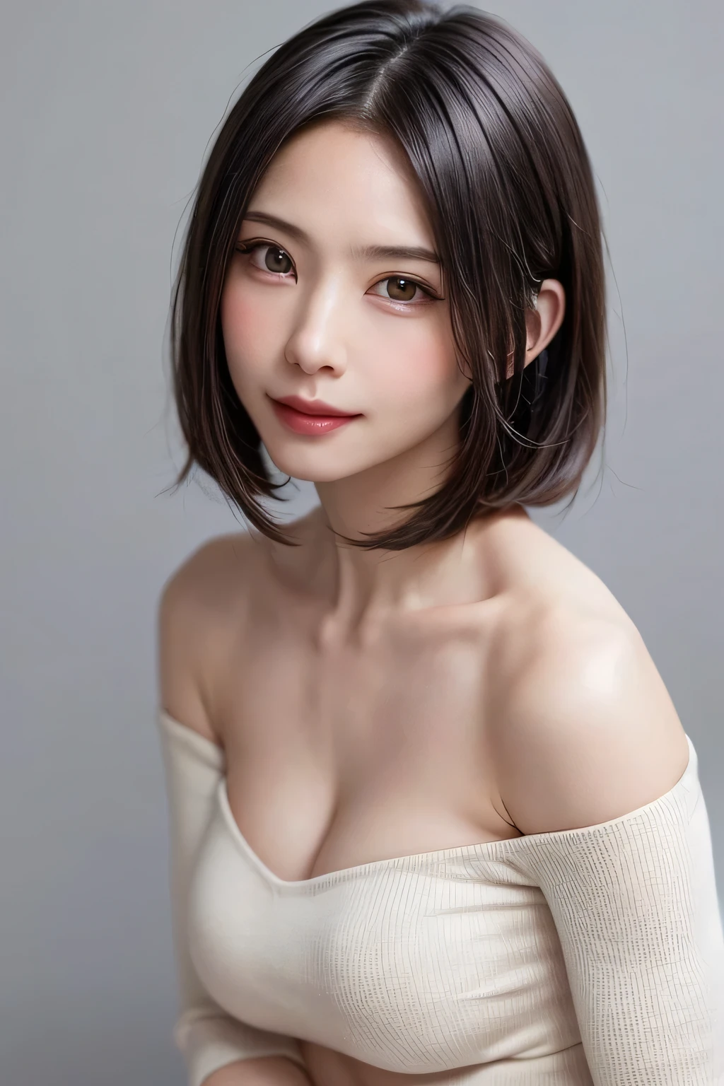 Tabletop, highest quality, shape, Very detailed, finely, High resolution, 8k wallpaper, Perfect dynamic shape, Beautiful and detailed, Elegant winter clothes,Medium Hair,Small Breasts Natural Color Lip, Bold sexy pose,smile、20-year-old girl、cute、Looking at the camera is sexy,night,Beautiful and elaborate face,Elegant face,Perfect and beautiful face,Slim face and body,Spread your arms wide、Background Blur、Pink knit、Ample breasts、Nogizaka,Off the shoulder