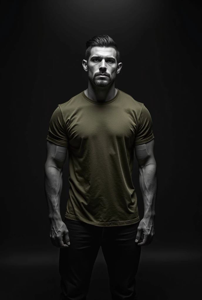 30 year old man, Brown hair, green eyes, marked muscles, tattooed, tanned skin, Tight military clothing