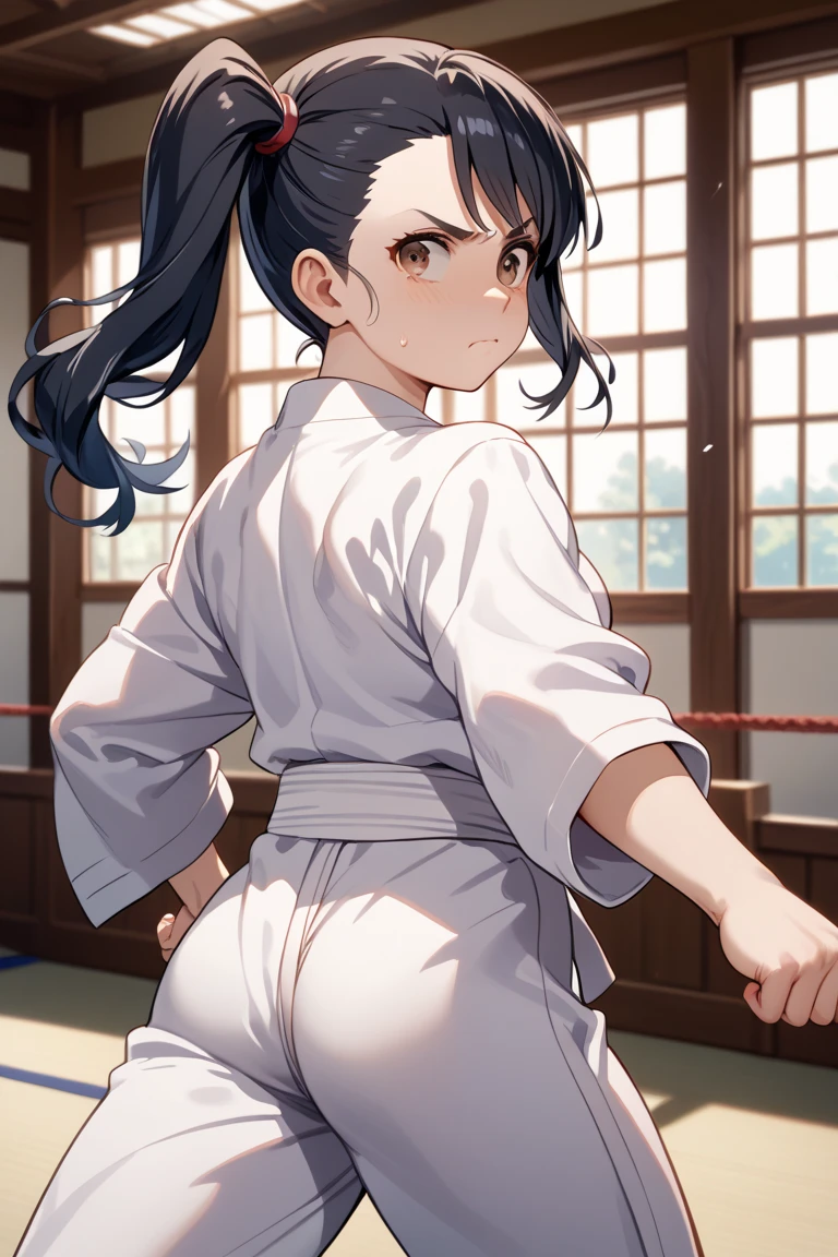 (masterpiece、highest quality、High resolution、Realistic photo、Real looking skin:1.1)、
(The woman is a judo player:1.5)、
(It is an expression of joy.:1.5)、
(The upper half of the body was only wearing a pure white long-sleeved gi.、The belt is a black belt.:1.8)、
(The lower half is only panties:1.8)、
(The panties are simple white cotton.:1.5)、
(Black hair in a medium ponytail:1.5)、
(The location is the judo hall of the gymnasium.:1.5)、
1 Japanese Girl、solo、Full Body Esbian、Beautiful Eyes、Shining Eyes、Shining thighs、NSFW