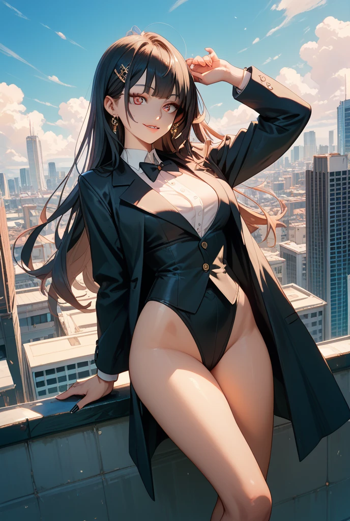 ((masterpiece、4K、8K、highest quality: 1.perfect fingers: 1.perfect anatomy: 1.3、background blur))、((short tuxedo jacket、leotard、long sleeve、16 years old、slender、small face、super beautiful girl、(straight long hair))、beautiful big droopy eyes、happy smile、full body display、knee high socks、sky and grass、