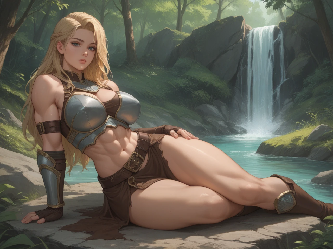 (((Solo character image.))) (((Generate a single character image.))) Generate a strong piece of medieval fantasy art.Looks like female bodybuilder Megan Avalon. Blonde bombshell. Medieval fantasy attire.  Medieval fantasy art.  Create a powerful and muscular female warrior who exudes raw  energy and dominance. Her very presence is intimidating.  Great fantasy image. trending on artstation, (((Dungeons & Dragons))),  character portrait, intricate details, ultra detailed, ultra detailed clothes, ultra detailed hands, epic masterpiece, intricate details, trending on Artstation, digital art, unreal engine, 8k, ultra HD, centered image, best quality:1.0,hyperealistic:1.0,photorealistic:1.0,madly detailed CG unity 8k wallpaper:1.0,masterpiece:1.3,madly detailed photo:1.2, hyper-realistic lifelike texture:1.4, picture-perfect:1.0,8k, HQ,best quality:1.0 (((Megan Avalon as a fantasy character.)))