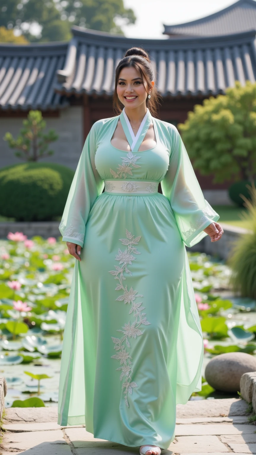 (Best quality,8k,ultra high res:1.2),(Pretty chinese-Indonesian girl),(Huge breasts:0.8),(long dress), (thick thighs:0.9), (obese body), (modern plain hijab ), (sfw), (40-year-old ), (SFW)