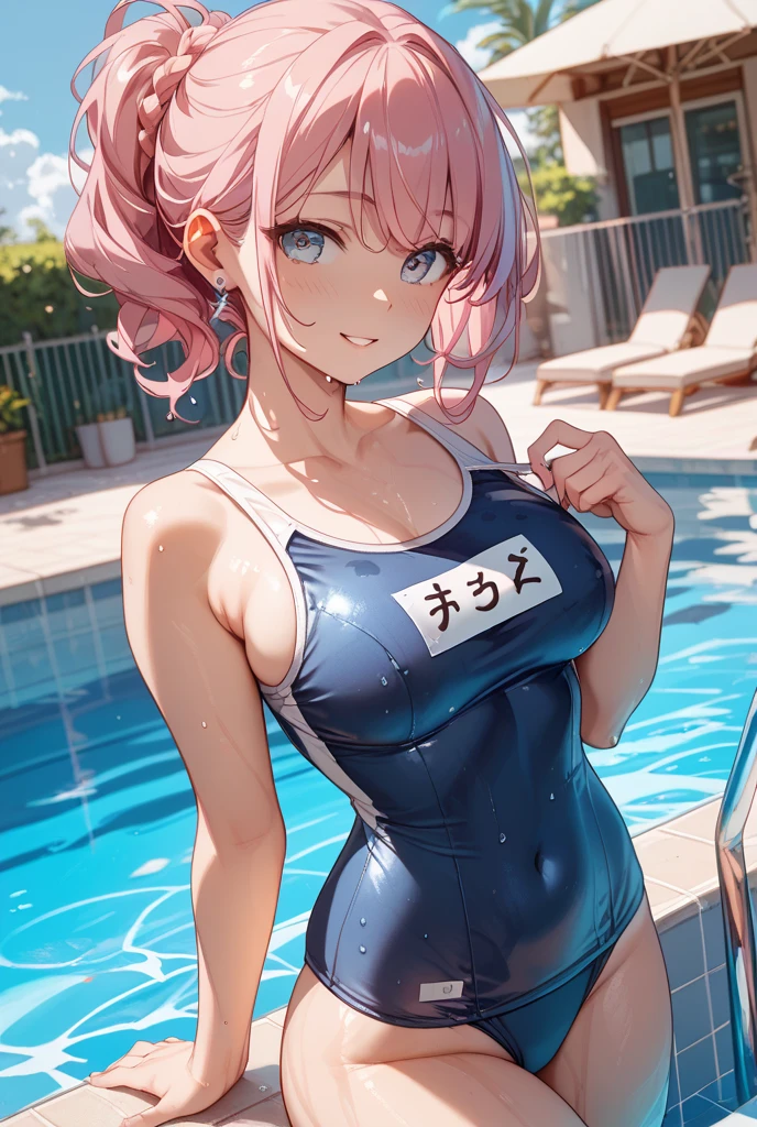 masterpiece、highest quality、High resolution、Two realistic girls、Competitive swimmer、Close-up of a person、Wearing a pink bodysuit、During Competitive swimmerics competitions、smile、Swimming Venues、Sexy competitive swimsuit