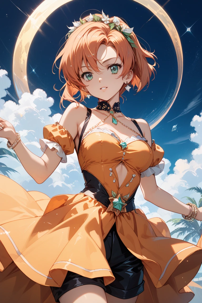 (masterpiece, best quality: 1.2), high resolution, high quality, girl, cute , smile, outfit random, orange hair, , spiritual aura, sitting