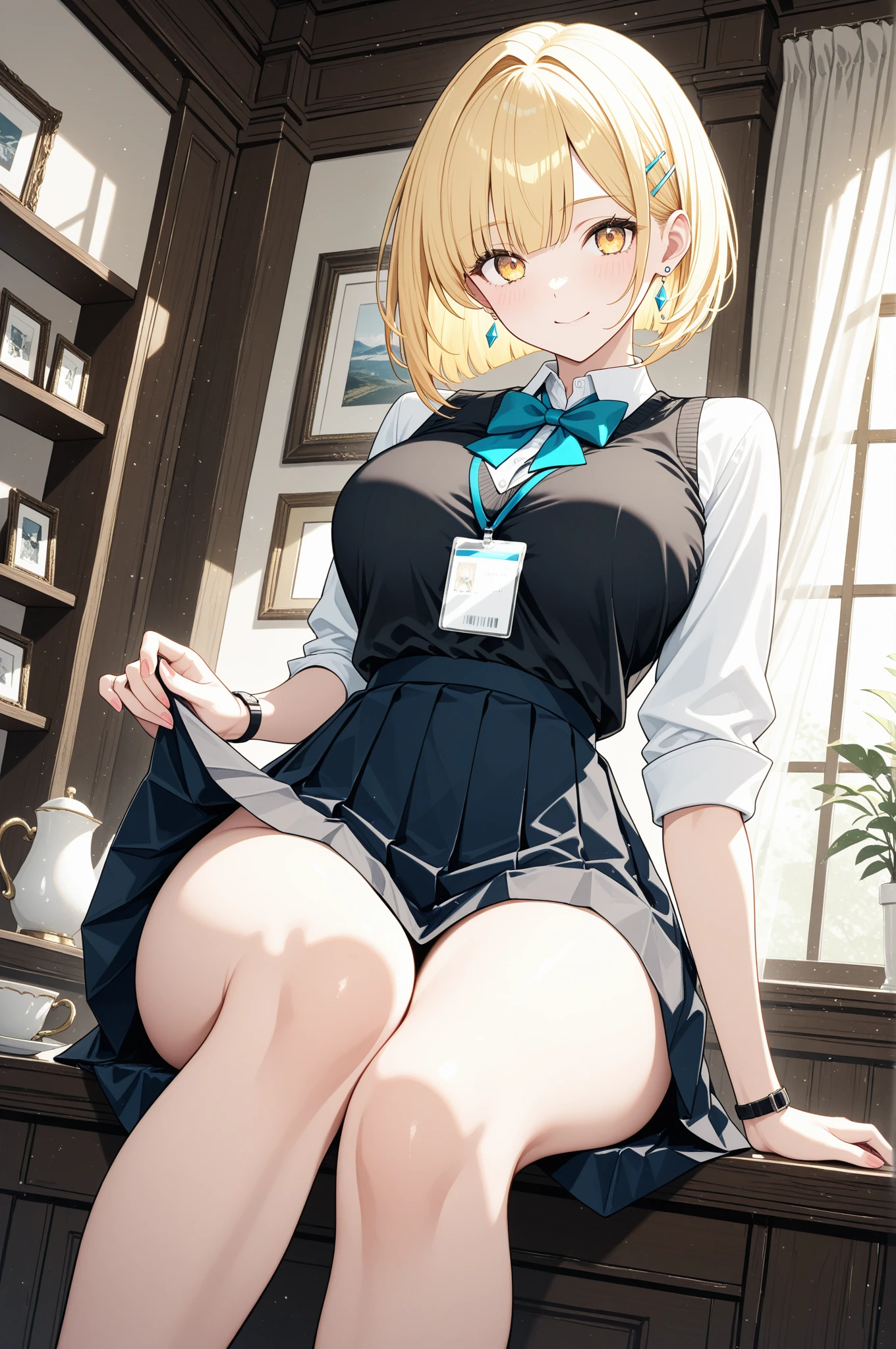 Short haircut、Blonde、tits、office lady、garter belt、Open your legs while crouching、Perfect body、Love juice overflows
