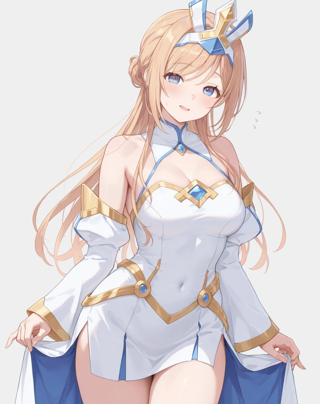 ((masterpiece,best quality)), absurdres, blonde hair, blue eyes, long hair, crown, gem, gloves, puffy sleeves, short sleeves, white gloves, solo, smiling, looking at viewer, cowboy shot, sexy outfit 
