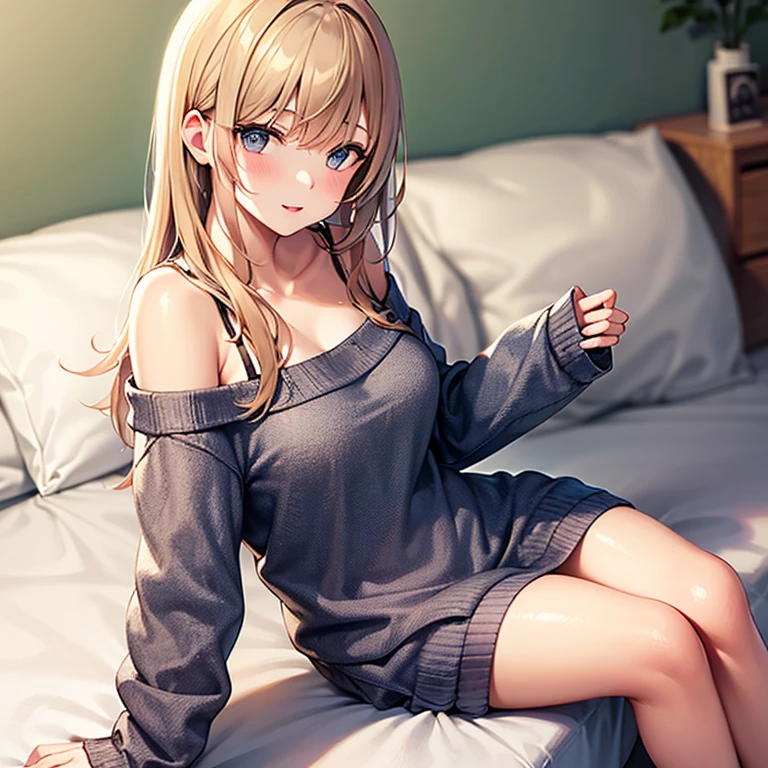 a hot 18 year old girl sitting in bed she is naked there an window behind the bed the view of the city