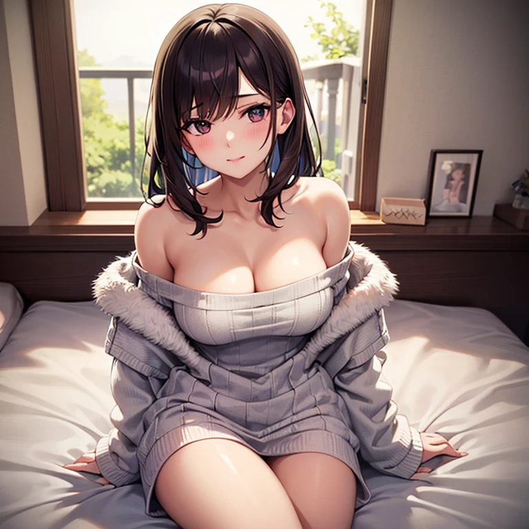 (Best Quality,High resolution,(Ultra high definition,4K), (Ultra High Resolution,8K),masutepiece:1.2),(Perfect Anatomy,Anatomically accurate),(Beautiful lighting), (2 cute girls),(High-definition beauty face),(sitting on the sofa in the lobby), (nipple covered), (knit Cardigan),(Lace panties), (Crisp double eyelids), (High-definition beauty face),(fascinated expression),(Large breasts:1.3),NSFW,(Soft skin),(Photorealistic),(Glowing skin),(multicolored hair),(Hide the udder)