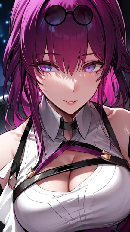 (masterpiece, best quality:1.2), 1girl, solo, Sonata, sexy cyberpunk vampire, purple hair, big boobs, dirty