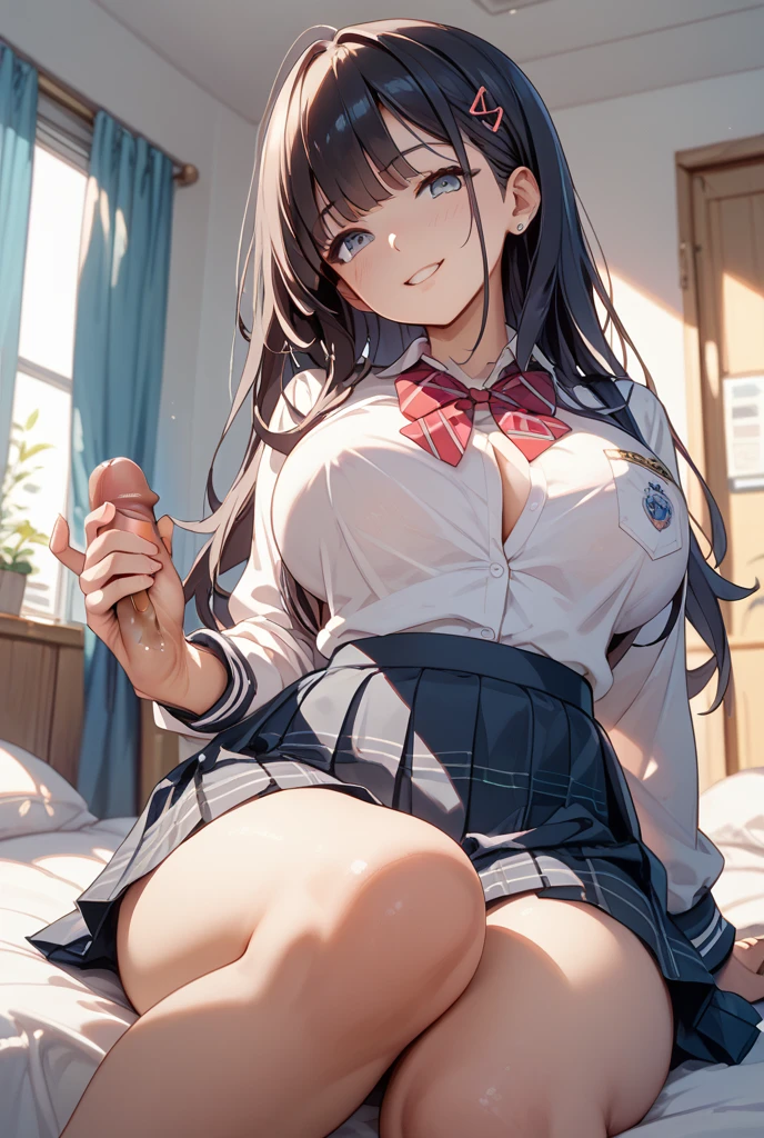 (A work depicting a scene from an anime for adults), ((Braiding, Pleated skirt, ribbon, Round face, Realistic sized eyes, Droopy eyes, blush, Smile of shame, Thin lips, Spread your legs)), (((Stand up and press your crotch against the corner of the table to masturbate))), Open your mouth, (outside, On the sidewalk, Terrace table), futa, medium penis, handjob, cum on