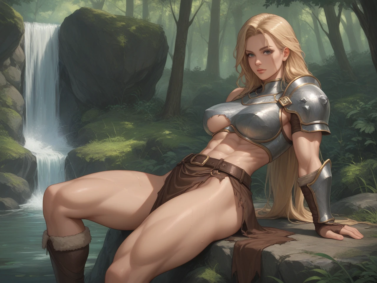 lagertha from vikings,view from below,(giant vulva bulge), sensual pose, haired crotch