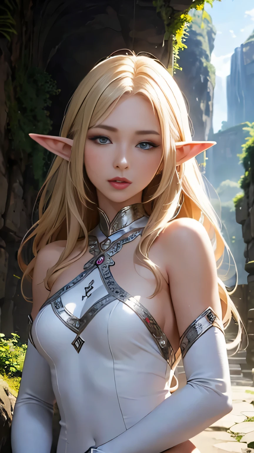 Ultra detailed complex 3D rendering of face, (huge breasts: 8.8), (masterpiece, top quality, octane rendering, 8K), glamour shot full body image, very beautiful young elf, cleavage, (very detailed skin: 1.2), (exposure: 1.1), beautiful Caucasian woman with white hair, full soft breasts and white skin with big buttocks, one, white micro bikini, long braided brown hair, big breasts, Dynamic angle, mystical expression,wearing intricate super armor of gold and silver, ultra-realistic photo ((((portrait))), wearing an intricate red cape, bare feet, futuristic city background, facial muscles, detailed and beautiful crown, beautiful weapons, in the style of Marvel Comics, ArtStation trends, clear focus, studio photography, intricate details, very detailed, detailed red eyes, illustration, very detailed, sharp focus, digital rendering, professional-abs