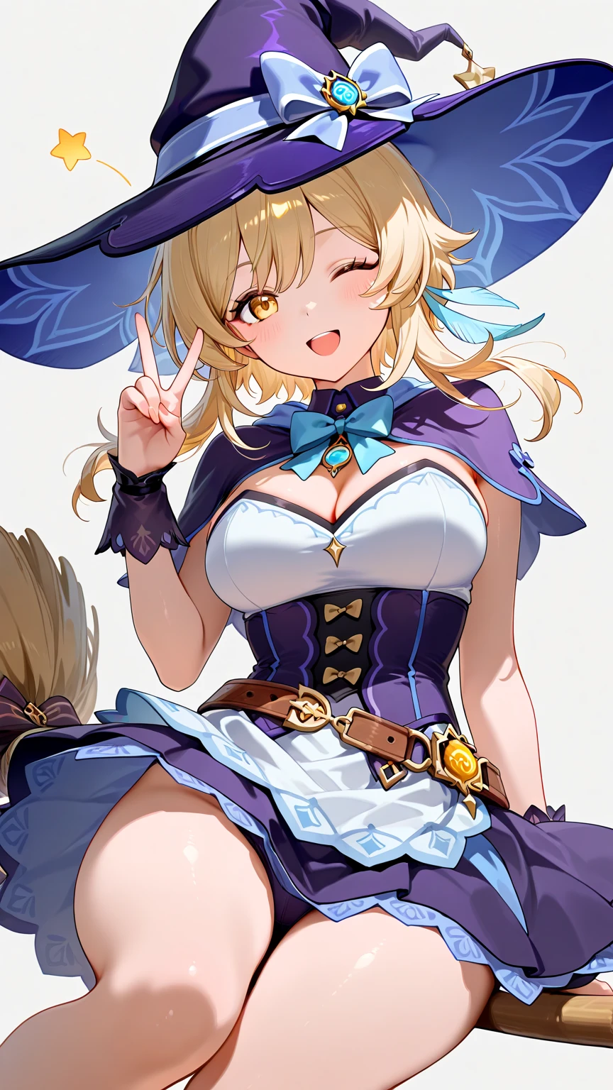 (( straight face picture )) ((best quality)), ((Masterpiece)), (details), Young woman , yellow hair , Dirt. , blue eyes ,Blue purple set, Gold pattern, wearing a big brimmed hat , Magician , The dress is very beautiful. ,long dress ,big breasts ,Big butt