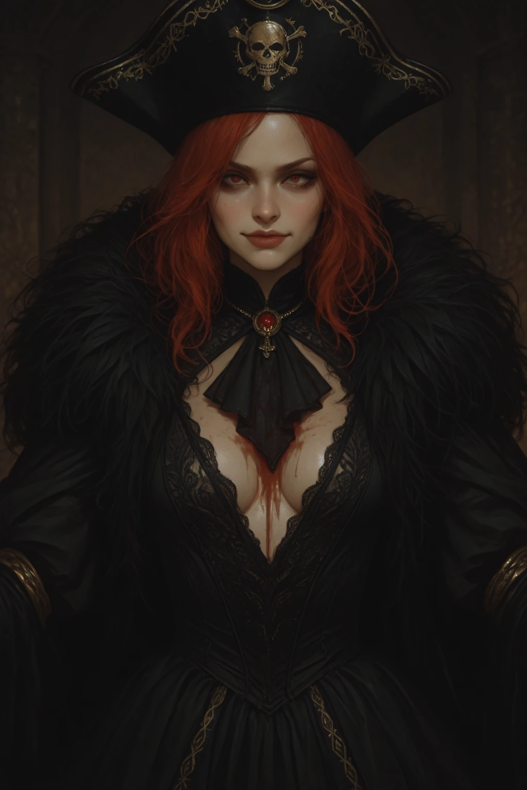 Sensual beautiful woman with round cheeks, realistic expression, long red hair, light blue eyes, pale skin, rich decorated black robe, witch, confident expression, big breasts (magical mysterious background, fireflies, glowing particles, ethereal fog, faint darkness), high saturation, film light, rim light, best shadow