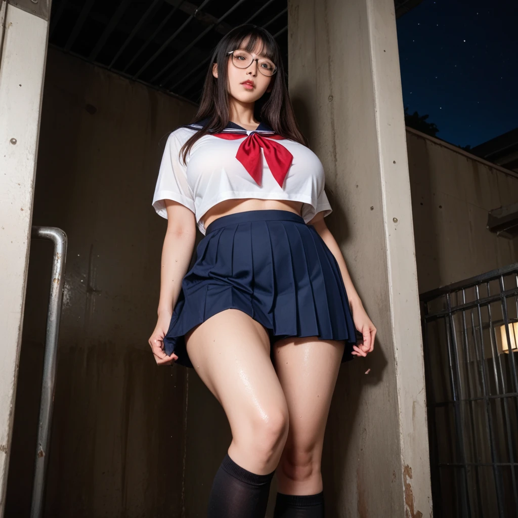 Highest quality，masterpiece，Ultra-high resolution, Very detailed, 8k，A beautiful 14 year old Japanese girl:1.5, Small face, Black short hair, blunt bangs, Breast Augmentation Surgery, A very tall giant sits in a city、　(High School Uniform:1.5, Pleated skirt), (Angle from below:1.2), (Skirt flip:1.3)