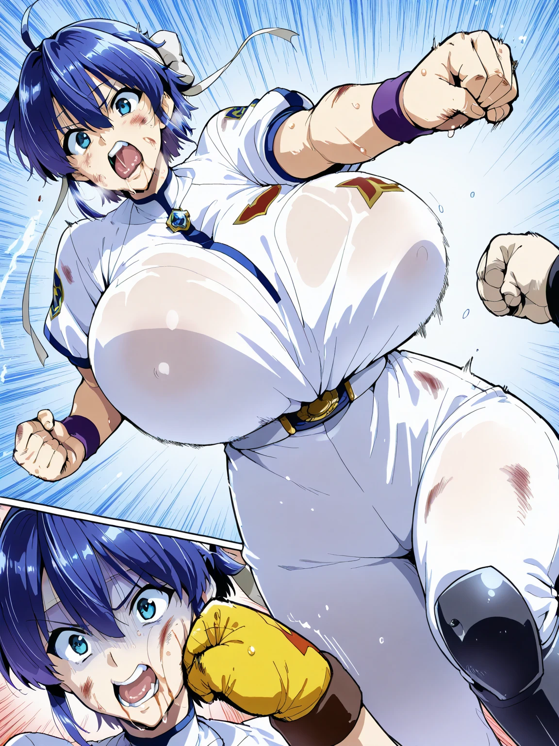 Yoshiko Tsushima love live,serafuku, breasts out,huge breasts, white micro bikini,mini gray skirt, skindentation, curvy body, thighhighs, elbow gloves, leg up , kicking,high-heels,on street , sweating