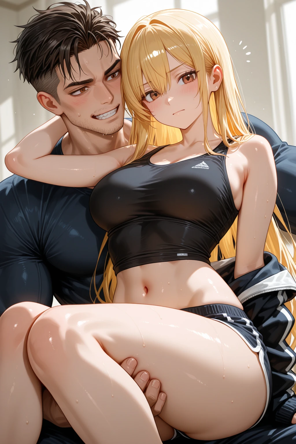 (2heads:1.1), (1boy:1.1), (male female couple), red eyes, short pink hair, long blonde hair, braid, long hair, (handsome:1.5), (masculine:1.5), (masterpiece), (high quality), (best resolution), :D, cute face, black nails, looking at viewer, anime convention, beautiful background, hand on hip, shirt with logo on it, jeans, (wide hips:1.3), (thick thighs:1.3), (masculine chest:1.1), (flatchested)
