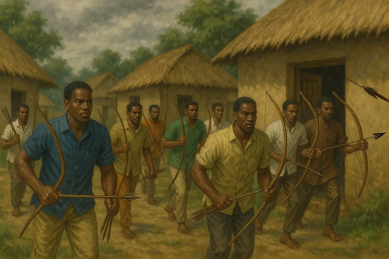 Imagine a striking scene where the Bara warriors, guerrier Malgache dans la brousses de Madagascar. En tenue Tribal malgache,Des gueriers fiers et forts, reviennent victorieux d'une bataille avec un village voisin. Certains portent des lances, symboles de leur bravoure au combat, tandis que d'autres tiennent des fusils artisanaux, a representation of their adaptation to changing times. At the heart of this scene, les guerriers Bara captifs du village ennemi sont clairement mis en avant. They are tied up, marquant leur statut de prisonniers de guerre. Their faces express resignation, frustration and helplessness in the face of their situation. The Bara warriors demonstrate their triumph by exhibiting these defeated captives. The stage is animated by an intense energy. sunlight, symbolisant la victoire, casts striking shadows on this scene, adding to the intensity of the moment