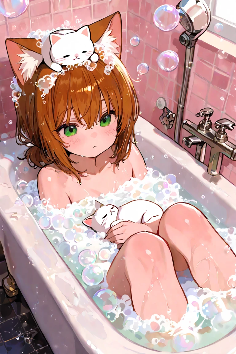1 girl in, unique, Red hair, Butterfly hair decoration,Breast size D, thick cut, red cat, cat girl taking a bath, full body, sprays