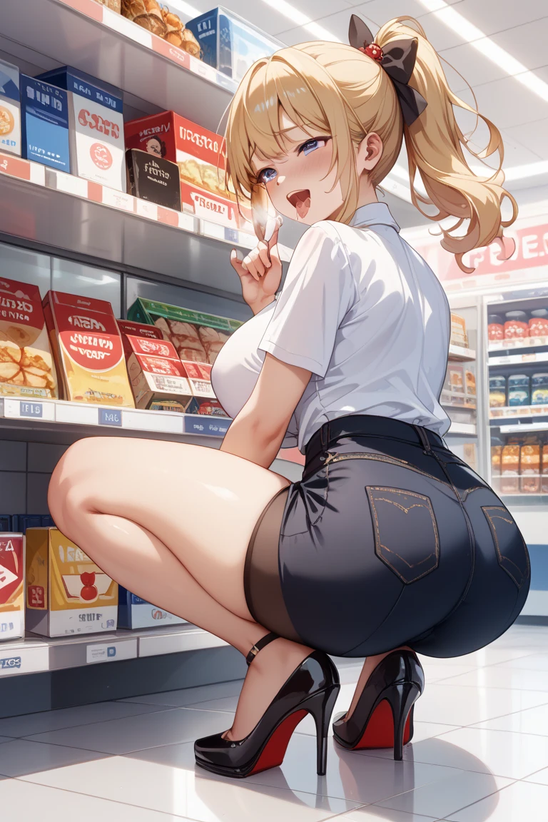 Highest quality, Super detailed, (Ultra-high resolution,8K),Cute outfit, (Ass Focus, From the back, look back), Butt in the shop window