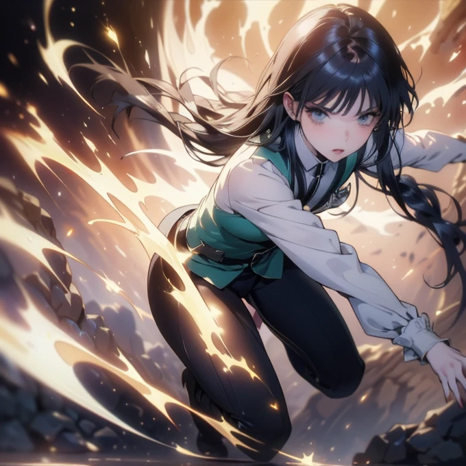 Black haired green eyed anime girl kicking, anime pose, high kick, heroic kick pose, full body!! dynamic action pose, badass pose, full body!! dynamic pose, combat pose, perfect dynamic pose