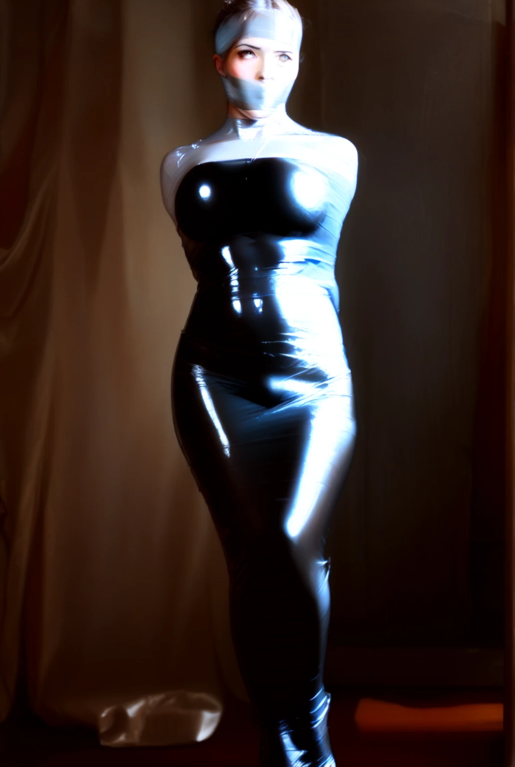 Garota ruiva, dark skin, 8k, 1woman, cellophane couture, corpo inteir, interplay of light and shadow, futuristic glossy latex suit, shiny skin, wearing atsuko kudo latex outfit, shiny plastic, tight full body suit, Glossy, shot on Fujifilm superia --auto --s2