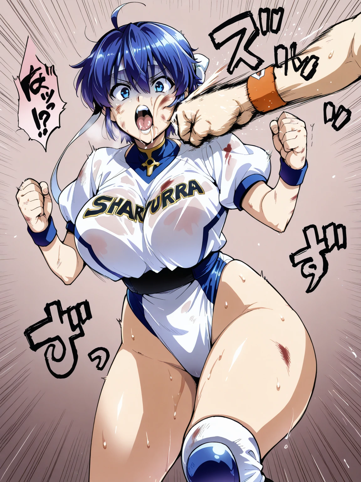 school_swimsuit,kazami yuuka,green hair,short hair,red eyes, huge breasts,futanari,penis,testicles,1girl, spread legs,arms behind head,standing,full body,armpits,looking at viewer, best quality, amazing quality,very aesthetic, absurdres, white background,