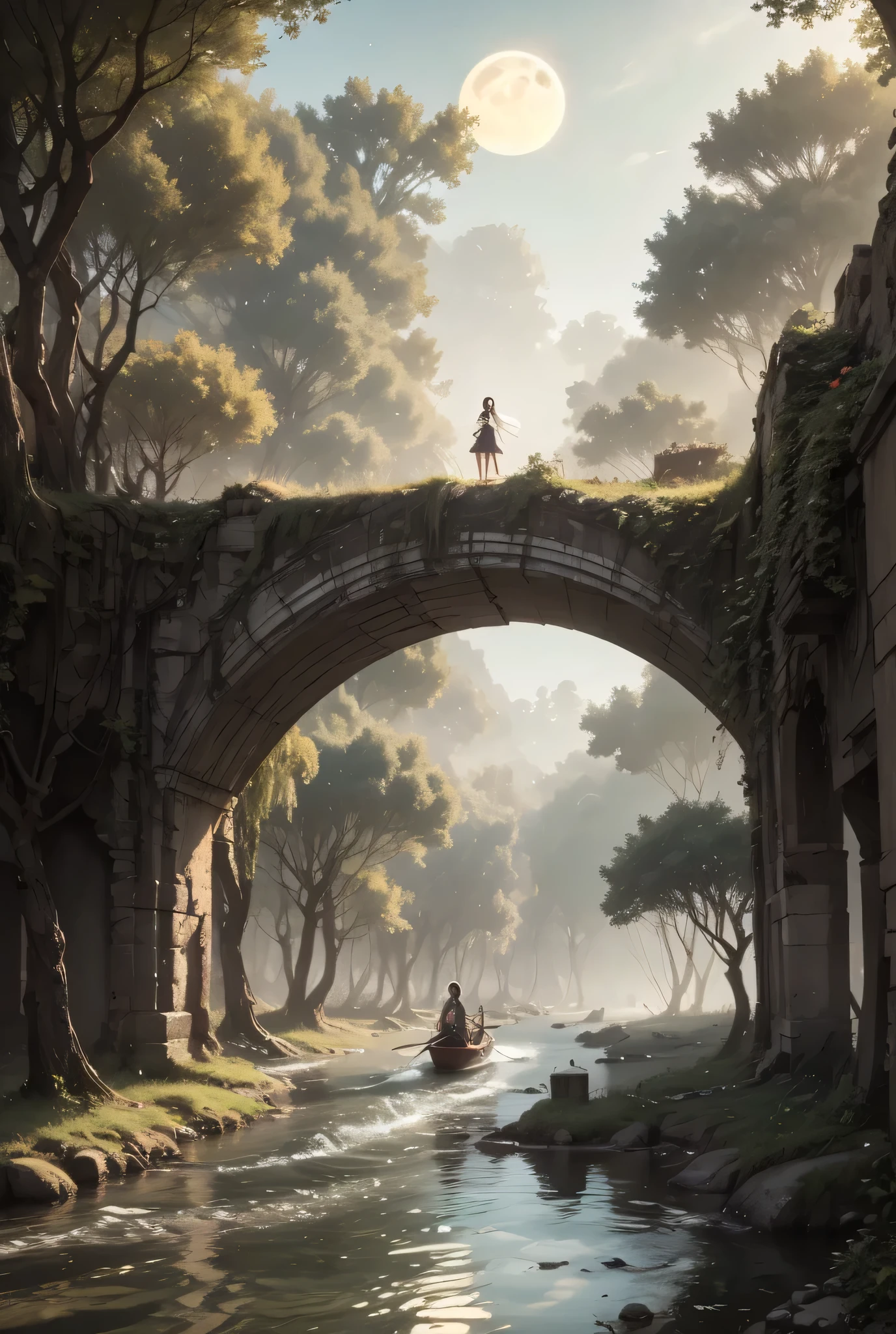 The Eldoria River flows slowly and majestically on a full moon night, reflecting an unreal silver light. Its waters wind through enchanted forests with branches intertwined like natural cathedrals, and the ruins of forgotten cities, half-submerged and covered in luminous ivy. On a small boat, the young explorer Lirian scans the horizon: her hands touch the water and circles of light appear, as if in response to the ancient whispers that vibrate in the air. Ethereal creatures—spirits of lost ages—emerge from the mists, guiding her towards a floating portal that appears as an arch of light above the river itself. Lirian is on the verge of crossing the boundary between worlds, while the universe around her changes color and shape.