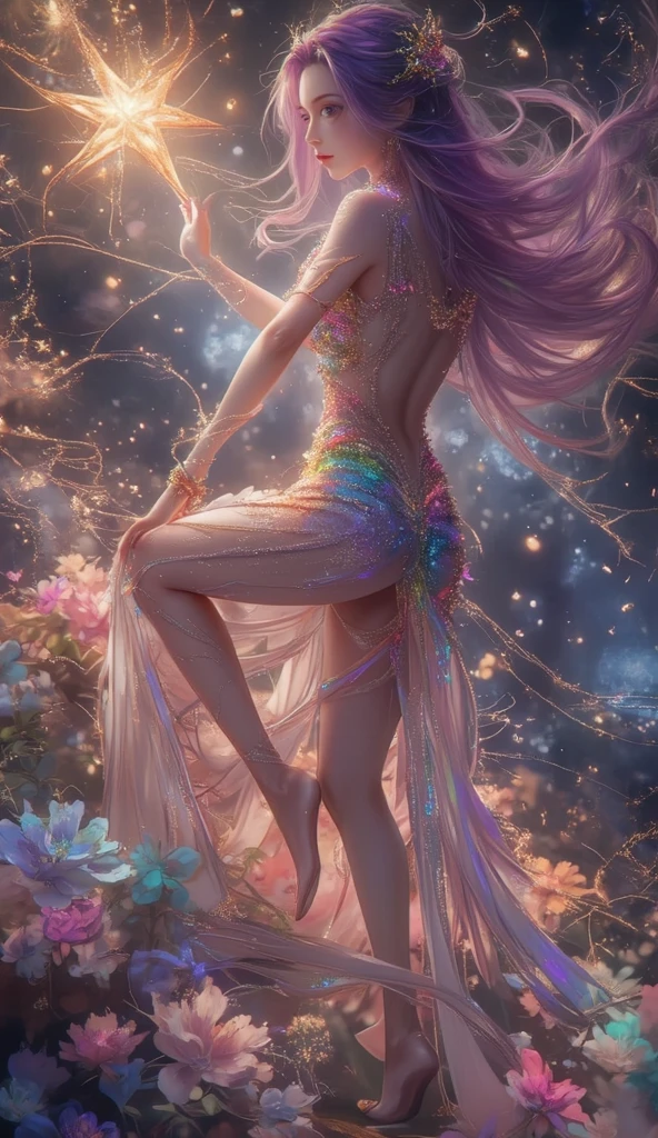 (masterpiece, Highest quality, Highest quality, Official Art, Beauty and aesthetics: 1.2), (1 Girl: 1.3), Very detailed, (Fractal Art: 1.2), colorful, The finest details, (Tangled: 1.2), (Dynamic pose), (Abstract background: 1.5), (3 Layer Dresses: 1.2), (Shiny skin), (Multiple colors: 1.4), Upper Body, Transparent gauze, nakedの肩, Blooming flower fields, Glowing Skin, A light smile, sexy, bust, naked, From below, Raise your ass and wait