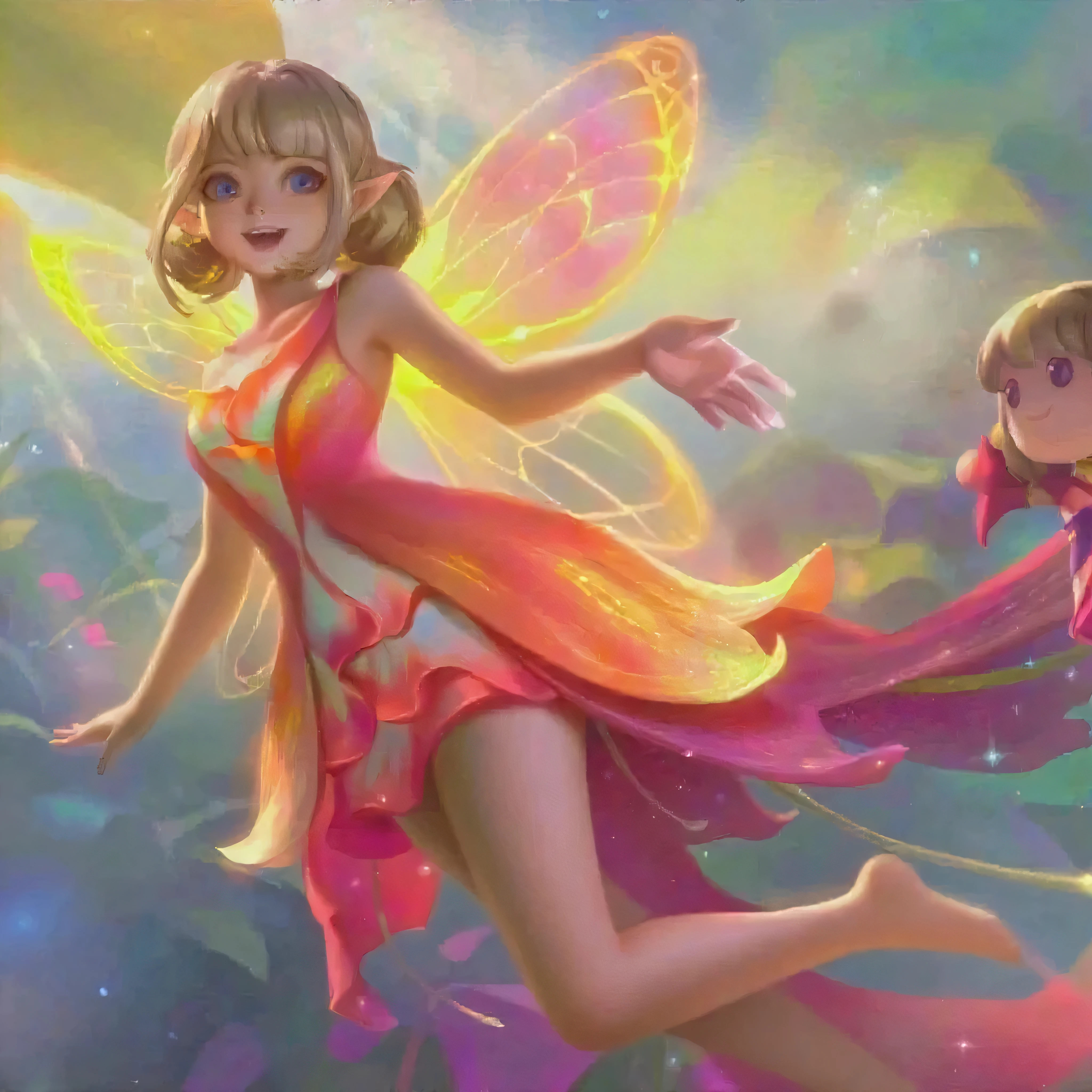 masterpiece, best quality, dqStella, fairy wings, hair flower, choker, necklace, orange dress, bracelet, high heels, (flying:1.5), sky, clouds, blue sky, smile, furrowed brow <lora:dqStella-nvwls-v1-000010:0.9>