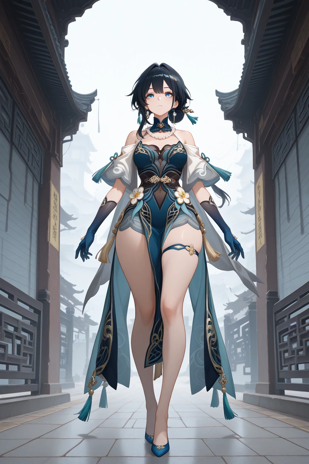 best quality, (masterpiece:1.2), illustration, absurdres,
(1girl), (solo), (beautiful detailed girl), full body shot,,
<lora:RixiaDancer-08:0.8>, Rixia Mao, dark purple hair, medium hair, purple eyes, huge breasts, body paint, green tattoo,
hair ornament, jewelry, blue dancer outfit, detached sleeves, ribbons, sandals, high heels,
inside a factory, workshop, machinery, tools,,
 looking at viewer, shy, blush