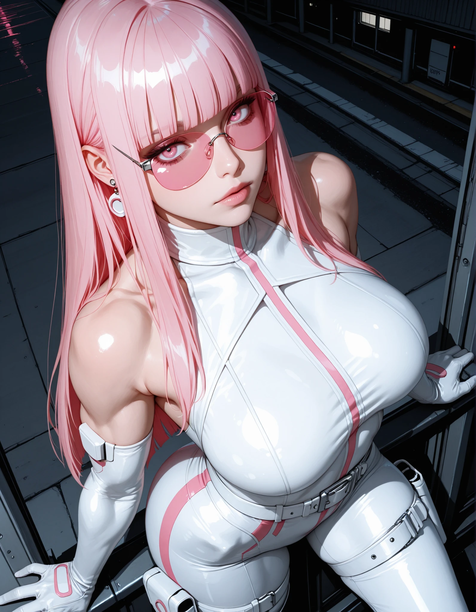 (masterpiece, best quality), 1girl, <lora:nacht_20240218:0.8> nacht,hair bow,hair ornament,hairclip,pink eyes,pink hair, ssrsuit,underboob cutout,navel,bare shoulders,crop top,thigh boots,elbow gloves,joints