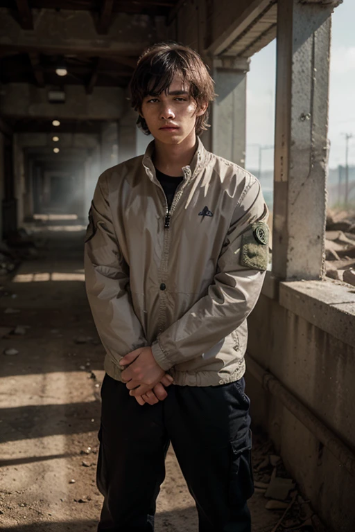 Man in hoodie standing in front of rusty wall, fluffy long hair, disheveled bangs,tanned skin, lilac eyes, Soft, expressive eyes, bright smile, veins in arms and hands, sweaty skin, a handsome man, slim figure,Impressionism, Cinema lighting, ultra high definition, masterpiece, high detail