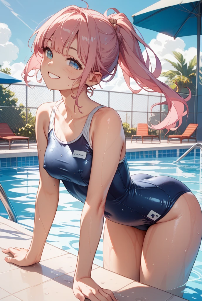 masterpiece、highest quality、Very detailed、Photograph the upper body、1 female、(Put your arms behind your back:1.4)、Are standing、Turn your body forward、View your viewers、(School Swimsuit)、break,blush、shy、Pink Hair、Open your mouth、Pool、Big Breasts、