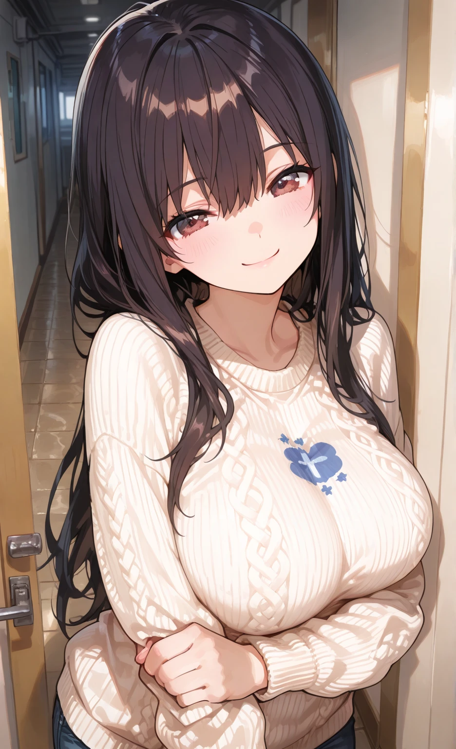 ((Finest quality)),(超A high resolution),(ultra-detailliert),(Meticulous portrayal),((Best CG)),(Finest works of art),Ultra-Precision Art,The art of astounding depiction,Art with precise depiction in every detail:1.5, (1人の女性:1.5),((Sweater with a heart-shaped cutout on the chest:1.5)),cleavage of the breast:1.5,A slight smil:1.3,