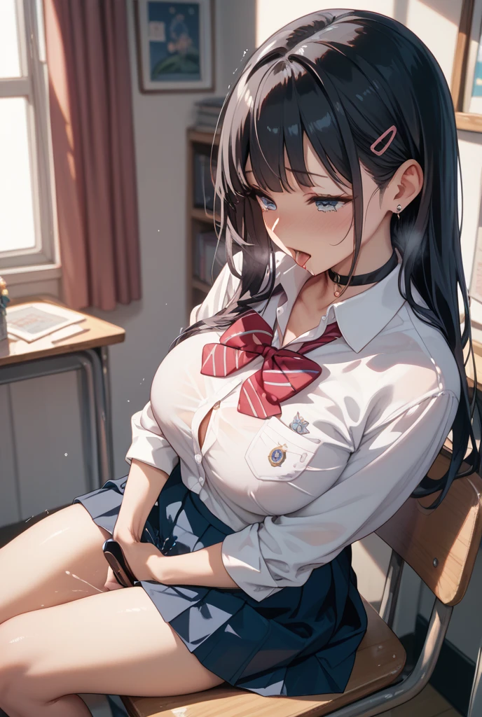 masterpiece、best qualtiy、A detailed、Female 1 Person、18year old、blue eyess、A dark-haired、Sheer blouse、Unbuttoned blouse、Pleated skirt、hair pin、Colossal tits、Colossal tits、Classroom、Sit at the desk with your legs open、Bend your knees and open your legs、Wet underwear、Wet white panties、Show panties、Sweating、knee high socks、Red ribbons、Putting a condom in your mouth、Black cat ears、white lace bra