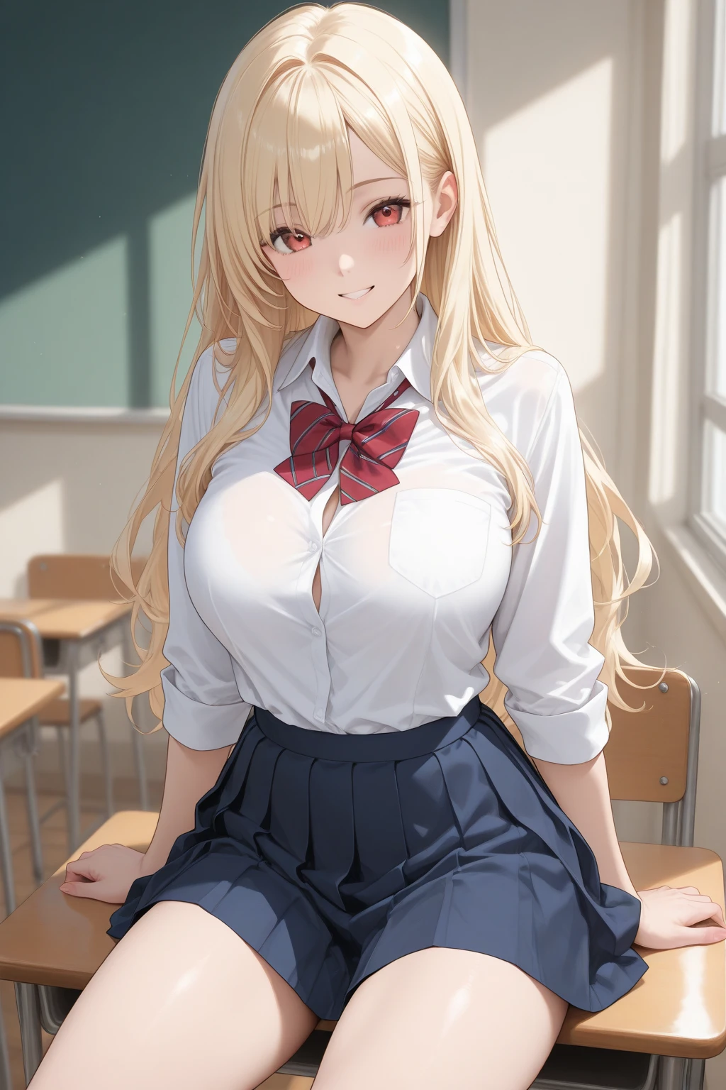 1 girl in、Cute beautiful girl、((Girl student uniform))、((Summer clothing))、The blouse is unbuttoned、White color blouse、short- sleeved、lightly dressed、Thin cloth clothes、Navy ultra mini skirt、(((show off pubic area)))、((Colossal tits))、seductiv、Little goddess、Young face、Detailed thighs、top-quality、Photos realistic、(15year old)、(Sit on the)、light smile、The blonde,JK school uniform,Bedside girl